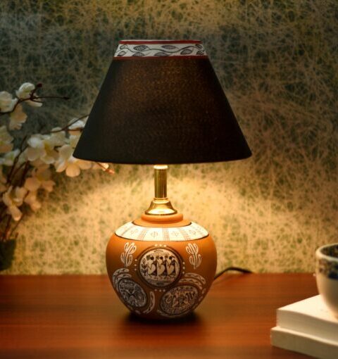 Unravel India terracotta warli handpainted home decorative brown matki table lamp